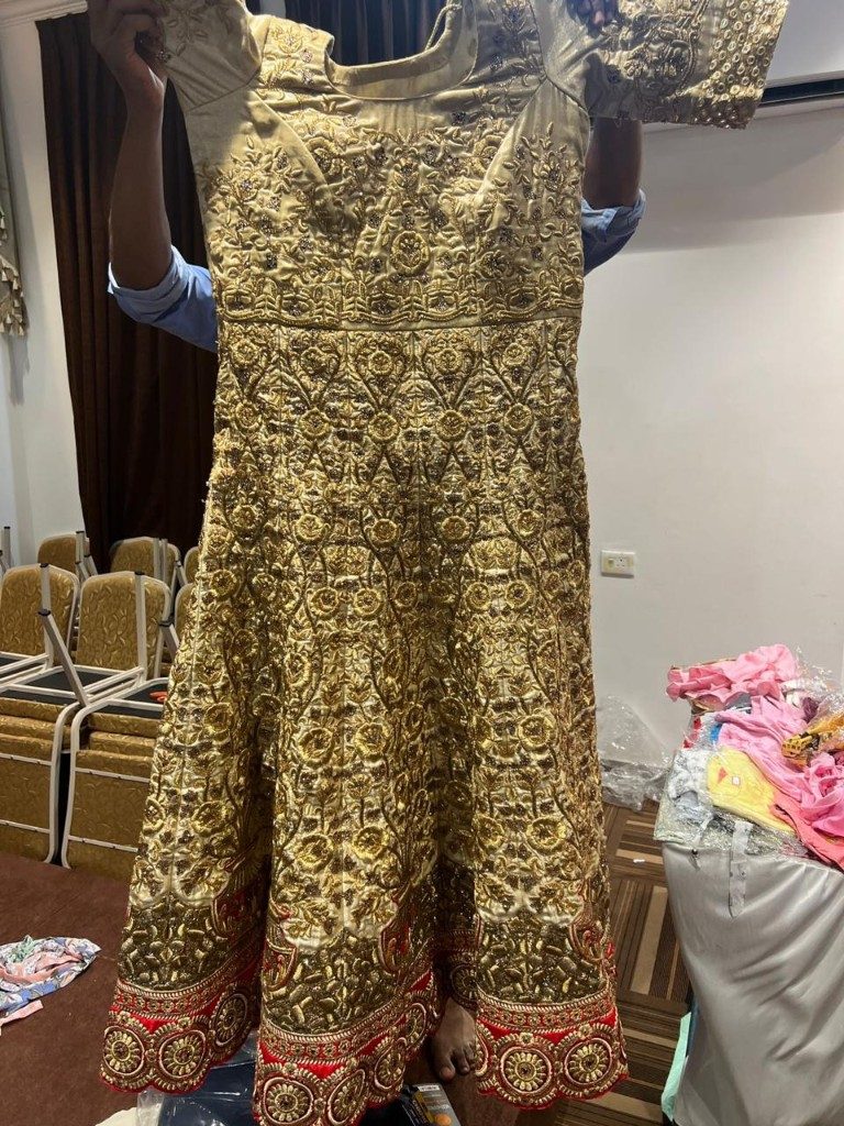 Libaas Gold Gown with Red Border